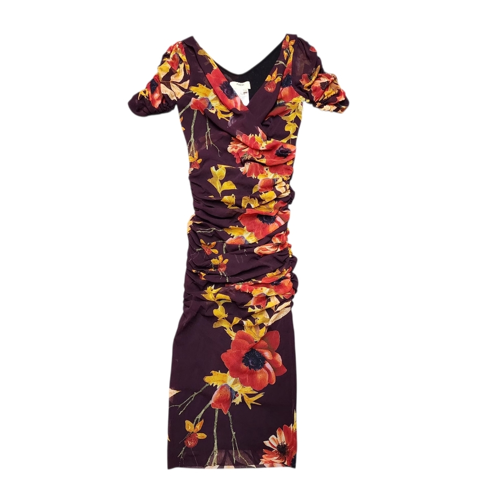 Fuzzi Vibrant Floral V- Neck Midi Dress Womens XS NWT